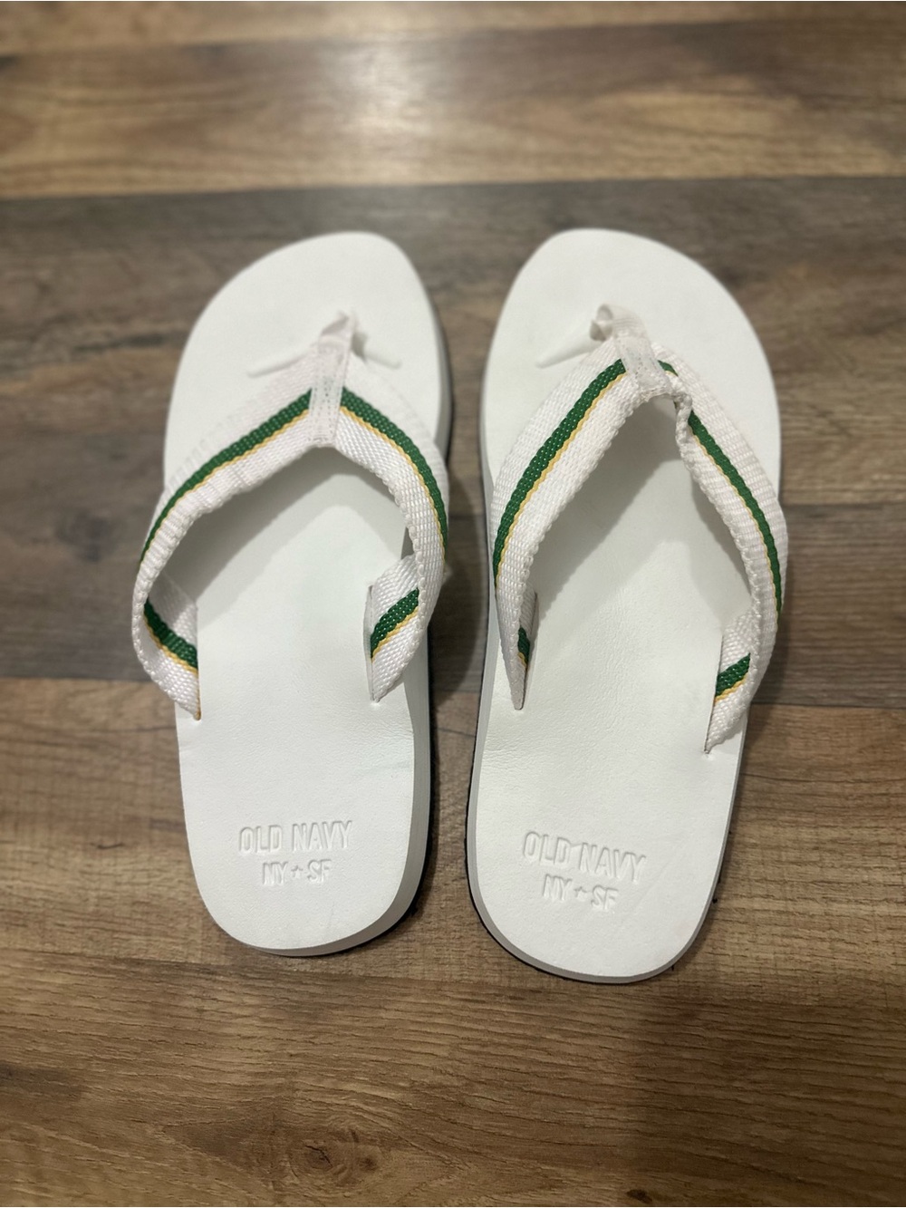 Old Navy White Flip-Flops with Green and Yellow Striped Straps